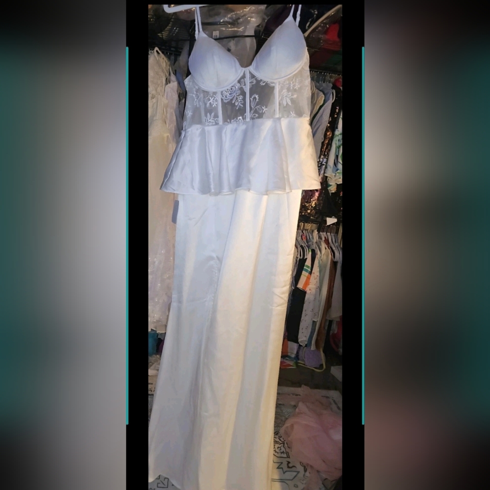 Lulus Iconic Adoration Wedding Dress New M White Satin Peplum Sheer Bustier Maxi